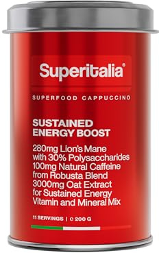 Sustained Energy Boost (11 portions) - Café instantané - Mushroom Coffee avec Lion's Mane, vitamines & minéraux - Superfood Cappuccino de Superitalia - partenaire officiel de Hyrox - Made in Italy
