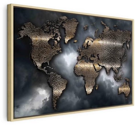 B&D XXL Bilder mit Rahmen 120x80 cm Wandbilder groß Leinwandbild XXL natürlicher Holzrahmen modern Wanddekoration Kunstdruck Wanddeko Wohnzimmer Schlafzimmer Weltkarte Abstrakte Landkarte Himmel