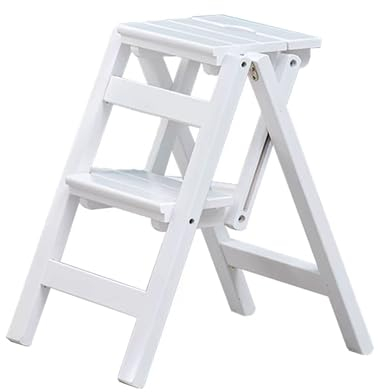 Weißer Tritthocker, Klappleiterhocker aus Holz, 2 Stufen, Leiter mit rutschfesten, Breiten Pedalen, multifunktionale Klappleiter, Stuhlgestell, Trittleiter für die Küche zu Hause, Bibliothek