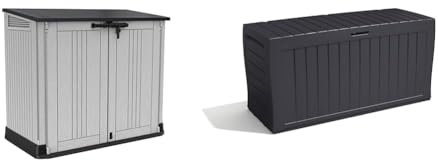 Keter Store It Out Nova Outdoor Garden Furniture Storage Shed Light Grey with Dark Grey Lid & Marvel+ 270L Outdoor 65% recycled Garden Furniture Storage Box Graphite Wood Panel Effect
