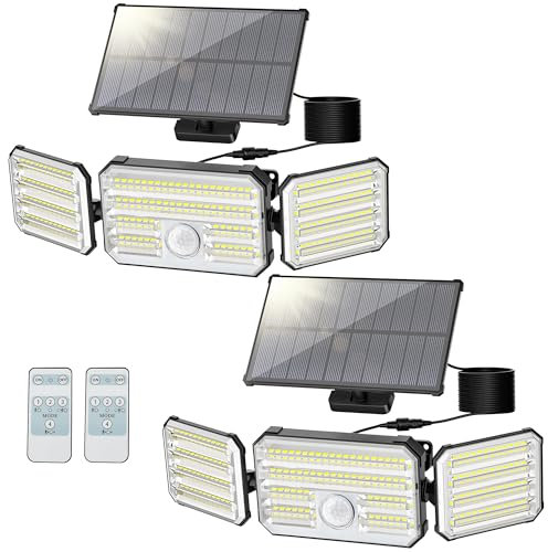 Luz Solar con Sensor de Movimiento, Focos LED Exterior Solares con Función de Alarma, 4 Modos IP67 Impermeable, Control Remoto, Lámpara para Jardín