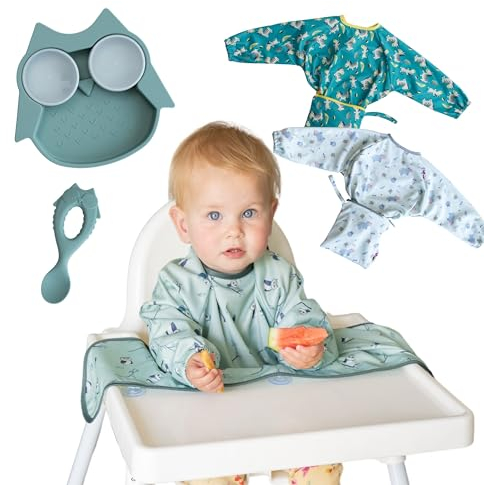 Tidy Tot®™ Cover & Catch™ 3 Auffanglätzchen für Baby. Lätzchen Befestigt Sich an Hochstuhl. Ganzkörper Lätzchen für Baby Ärmellätzchen. Inklusive Saugnapf teller und SIlicone Entwöhnungslöffel