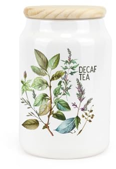 Watercolour Herbs Ceramic Decaf Tea Storage Canister - Country Home Farmhouse Interior Gifts - Kitchen Food Storage Container & Wooden Lid 600ml (14.5cm x 9.5cm)