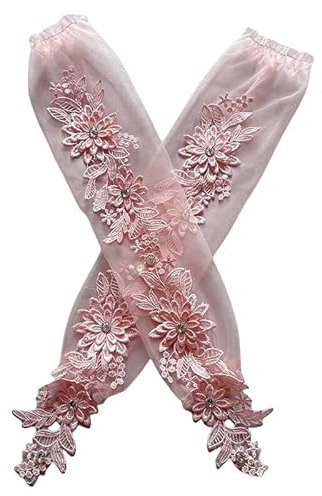 DyLyz Lange fingerlose Handschuhe aus floraler Spitze für Damen rosa durchsichtiges Netz Tüll Hakenfingerhandschuhe elegante Handschuhe für Brauthochzeiten Ellenbogenlänge für Abendessen Op