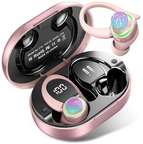 Wireless Earbuds, Bluetooth 5.4 Headphones with 4 ENC Noise Canceling Mic, 50H Playtime Stereo Wireless Earphones with LED Display, Over Ear Buds with Earhooks, IP7 Waterproof for Sport, Rose Gold