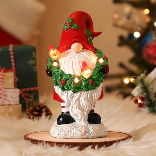 Lewondr Weihnachten Zwerge Statue, Weihnachtsfigur mit Kranz & LED Lampe, Weihnachtsdeko Harz Weihnachtsmann Statue Zierschmuck Tischdeko Deko Weihnachten Familie Freunde, Rot