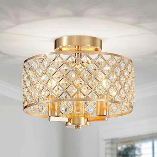 Saint Mossi Gold Crystal Ceiling Light, Close to Ceiling, Modern Semi Flush Mount Chandelier, 3-Lights, D11 x H9, Perfect for Living Room, Gold Finish Canopy
