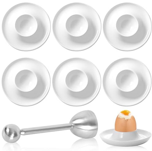 PRITOK Lot de 6 coquetiers en porcelaine : support à œufs en porcelaine blanche avec étagère, set de porte-œufs pour petit-déjeuner avec ouvre-œuf, support à œufs, empilable pour le petit-déjeuner