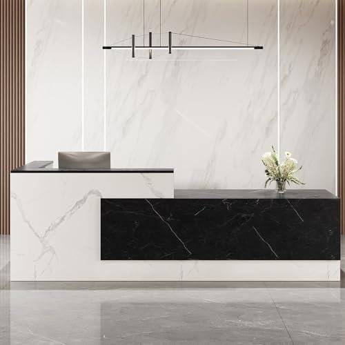 Heliosrider Empfangstheke, Empfangstisch, Einfach Moderner Empfangstresen, L-Förmiger Rezeptionstheke, Schreibtisch mit Theke Empfang, Holzwerkstoff, mit Tastaturschublade, Büromöbel, Ladentheke