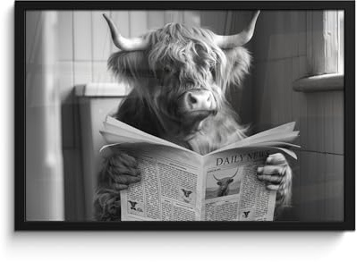 MuchoWow© Wandbilder mit Rahmen Wanddeko Bilder Wohnzimmer Moderne | 60x40 cm - Zimmerdeko Geschenk Bilderrahmen Highlander - Kuh - Zeitung - Toilette - Schwarz und weiß