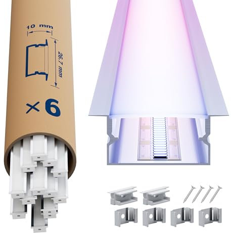 LED Aluminium Profil 6 × 2m – U-Form Aluprofil mit weißer Abdeckung – Alu Leiste für Lichtstreifen bis 16.7 mm - 26,7 x 10mm - Led Profile Schiene Kanäle Leiste Diffusor