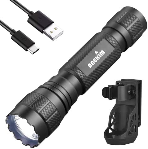 ANEKIM LED Taktische Taschenlampe mit Holster, 1200 Lumen Super Hell Polizei Taschenlampen Aufladbar,Einzelmodus Starke Taschenlampe Father's Day gift für Strafverfolgung,Einsätze,Camping,Notfälle