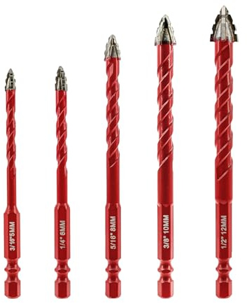 FOCSTOL Juego Brocas Seco - 5 piezas 5/6/8/10/12mm Juego Brocas Carburo con Cambio Rápido Mango Hexagonal para Madera Plástico Mampostería Cerámica Hormigón Mármol