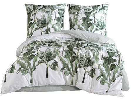 ZIRVEHOME Bettwäsche-Set 200x200cm dreiteilig weiß Bettbezug grün Tropical Blattmuster, VersyV1