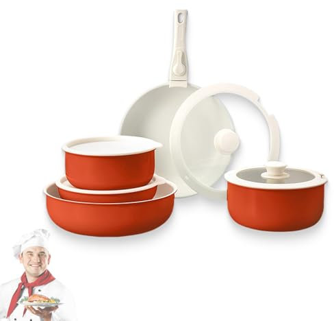 Gourmetific Ceramic Cookware Set, 2025 New 5/15 Piece Gourmetific Cookware Set, Nonstick Maifan Cookwares Sets, with Detachable Handle, Easily Clean (Orange,15pcs)