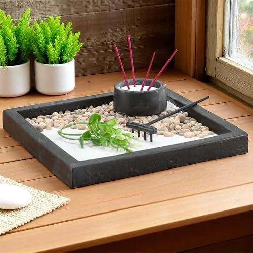 MIJOMA Zen Garden Set de jardin miniature avec porte-encens et râteau, 7 pièces, kit de méditation en ciment, mini jardin de sable japonais, 20 x 20 cm, pour la pleine conscience et la décoration