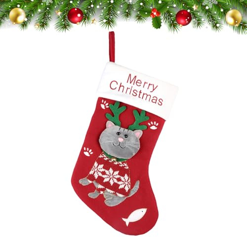 Bekecidi Große Weihnachtsstrümpfe, Weihnachtsstrümpfe mit Hunde- und Katzenmotiv, Weihnachtsbaumschmuck, Kamindekoration für die Weihnachtsfeier, 37 x 23 cm (Rot)