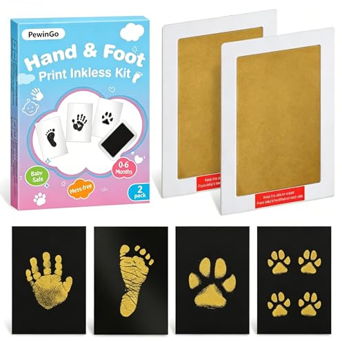 PewinGo XL Größe Baby Handabdruck und Fußabdruck Set,2 tintenfreie Baby-Abdruckpads,4 Abdruckkarten,sicher für Babys,Andenken-Geschenke für Baby,Pfotenabdruck-Set,Essentials für Neugeborene,Golden