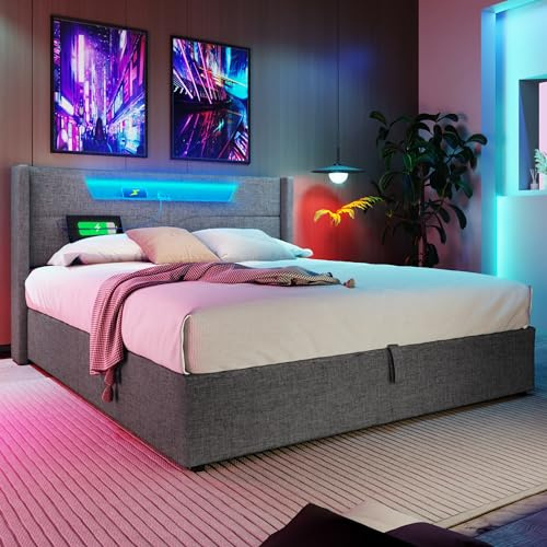 Easexcy Polster Doppelbett,Stauraumbetten Bettgestell aus Leinenmaterial Jugendbett 140x200cm mit lattenrost(Ohne Matratze)