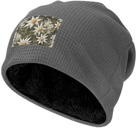 BLWSLC Schwarze Outdoor-Sportmütze, Nordic Edelweiß, bedruckt, langfloriges Futter, Strickmütze, geeignet für Arbeit und Reisen, Grau, Einheitsgr��e