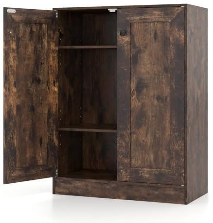 KOMFOTTEU Aparador Bajo 3 Niveles con 2 Puertas Kit Antivuelco (Industrial) | Mueble Buffet con 2 Estantes Ajustables, Armario de Almacenamiento para Salón, Comedor, Entrada, 60 x 30 x 80 cm