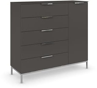 Rauch Möbel Flipp, Kommode, Farbe Graphit, Breite 120 cm | Sideboard, 1-türig, 5 Schubladen, Soft-Close, Griffe, Metallkufe Chrom, für Schlafzimmer, Gästezimmer, Wohnzimmer