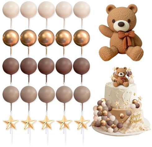 HMCEY 26 Stück Tortendeko Teddybär,Kuchen Deko Geburtstag Kugeln,Teddy Bear Cake Topper,Baby Shower Kuchendekoration Bär,Tortenaufleger Deko,Cupcake Dekoration für Jungen, Mädchen - Dunkelbraun