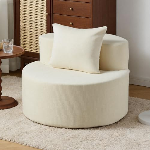 AIMSTYTO Modern Tub Chair, Round Shape Armchair, Soft Breathable Fabric, Ergonomic Versatile with Lumbar Support, Vanity Chair Accent Chair with Matching Pillow for Living Room/Bedroom/Makeup, White
