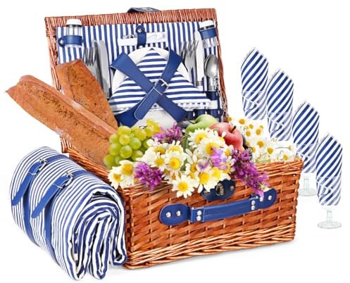 Cesta Picnic 4 Personas, Set de Picnic de Mimbre con Manta de Picnic Impermeable y Juego de Cubiertos, Cesta de Picnic para Camping,Azul