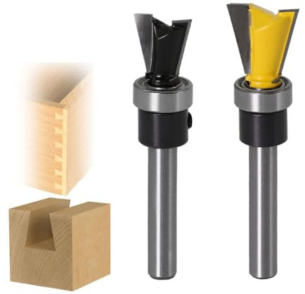 2Pcs 1/4 Inch Shank Dovetail Router Bit Set with Bearing, 12.7mm & 15.9mm Tungsten Carbide Wood Milling Cutter for Joinery Template Work