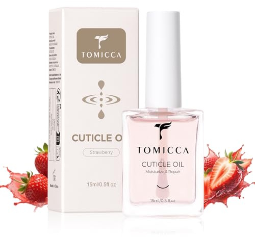 TOMICCA 15ml Hydrating Cuticle Oil, Strawberry Scented Nail Oil with Vitamin E for Dry Brittle Cuticles, Brush Head Design – Softens & Nourishes Rough Nails
