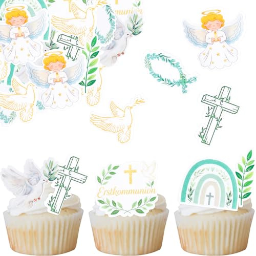Catelves Tortendeko Kommunion Essbar, 48 Stück Cupcake Topper Erstkommunion Deko Torte Essbar, Engel Kreuz Kuchendeko Kommunion Junge Mädchen, Esspapier Tortendeko Erstkommunion Muffin Deko Taufe