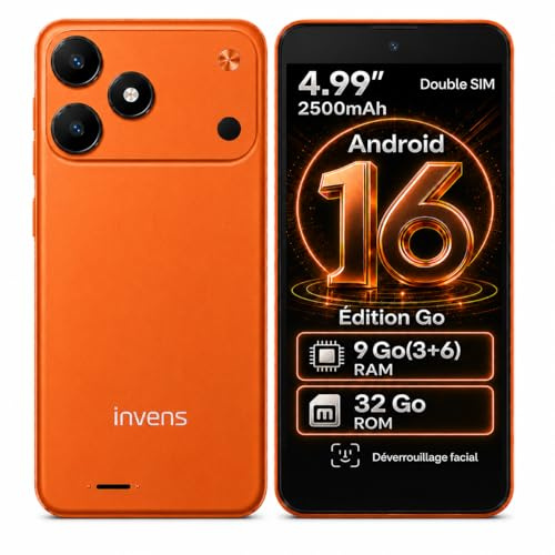 invens TK02 Telefono Cellulare Sbloccato 4G a Buon Mercato Android 16GB Smartphone Compatto 5.0 9GB (3+6) RAM + 32GB ROM, Dual SIM/SIM+TF, Face ID, GPS, WiFi, Bluetooth, USB-C, Jack 3.5mm, Arancione