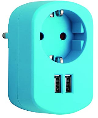 SIMON - Adaptador Combi, Adaptador de Viaje con Toma Schuko 16A y 2 Enchufes USB, Adaptador Corriente de Carga de Pared, Ladrón USB, Color Azul Caribe
