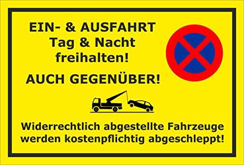 Melis-Folienwerkstatt Parken verboten Schild – EIN-und Ausfahrt Tag und Nacht freihalten - auch gegenüber – 45x30 cm – 3mm Aluverbund – Verschiedene Größen und Materialien – Mit Bohrlöchern