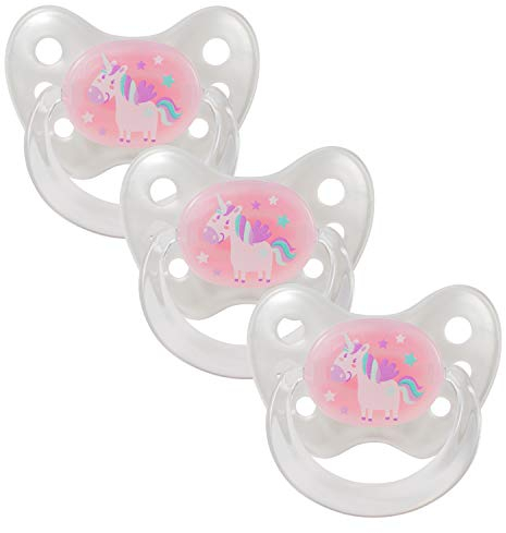 dentistar Latex Schnuller 3er-Set - Größe 2, 6-14 Monate - Zahnfreundlicher Naturkautschuk Nuckel mit Dentalstufe – BPA-frei - Made in Germany - Einhorn, Rosa