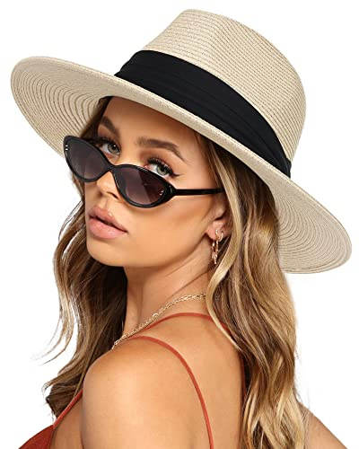 FURTALK Womens Mens Wide Brim Straw Panama Hat Fedora Summer Beach Sun Hats UPF Straw Hat for Women