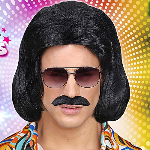 Amakando Extravagante Dandy-Perücke für Herren mit Schnurrbart/Schwarz/Zuhälter-Faschingsperücke Saturday Night Fever/EIN Blickfang zu Schlagerparty & Karneval