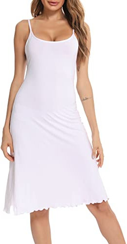 Vlazom Fond de Robe Femme Longue Elégant Chemise de Nuit Fente à l'ourlet Antistatique Gainant Jupons，B Blanc，S