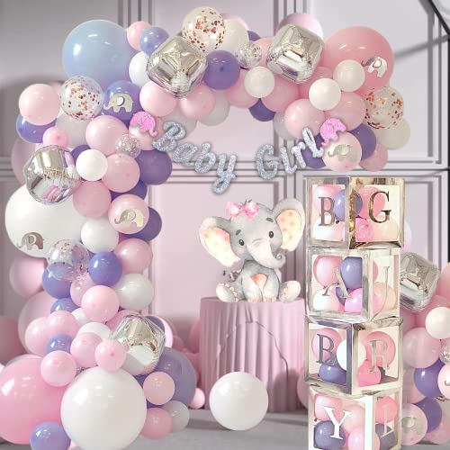 165 Stück Babyparty Dekorationen für Mädchen, Geburtstag Mädchen, Ballon Girlande Bogen, Banner und Luftballons Boxen, Elefant Babyparty und Geburtstagsdekorationen