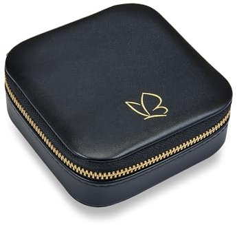 GLANZSTÜCKE MÜNCHEN Schmuck-Reisetäschchen Kunstleder schwarz 10 x 10 x 3,5 cm Samt creme Schmucketui Schmuckschatulle für die Reise