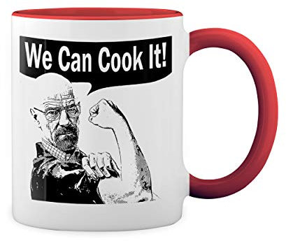 We Can Cook It Weiße Tasse Mug mit roten Felgen und Griff