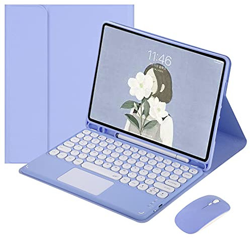 HENGHUI Keyboard Case Mouse for iPad 9th 8th 7th Generation 10.2 inch, Air 3rd Gen, Pro 10.5 inch with Cute Round Key Detachable Bluetooth TouchPad Color Keyboard (Purple)
