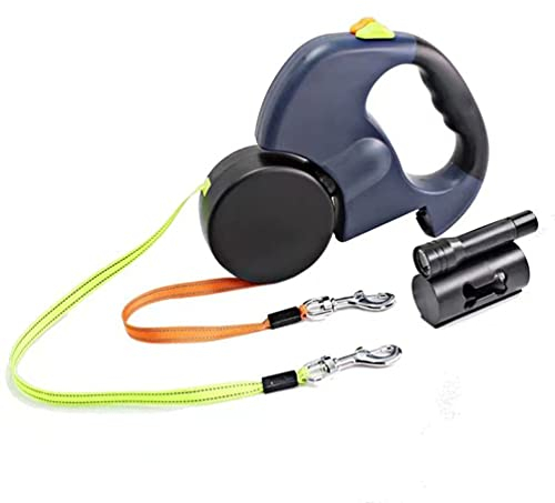 Correa retráctil de doble cabeza para perro con linterna y bolsas de popa, 10 pies de reflectante caminando mascotas plomo para perros pequeños/medianos/grandes o gatos de hasta 8 kg, azul sin enredos