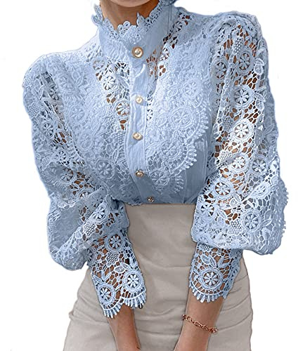 FENGQIYUNHAI Women's Victorian-Inspired Casual Business Shirt, Long Puff Sleeve, Button Down Collar, Regular Fit, Polyester, Lace