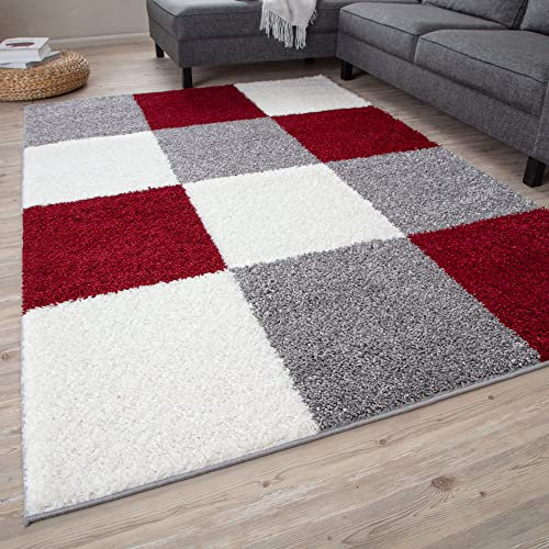 THE RUGS Area Rug – Modern Luxury Shaggy Rug, Multicolour Pattern Carpet, Ultra Soft for Bedroom, Living Room, Kids Room, (60x110 cm, Red)