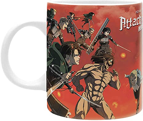 Attack on Titan Tasse Battle scene season 4 orange, bedruckt, aus Keramik, Fassungsvermögen ca. 320 ml., in Geschenkkarton.