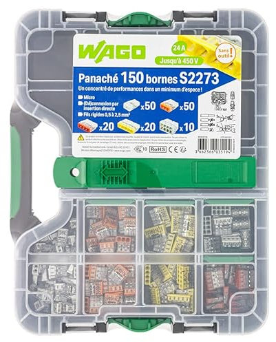 Wago - Malette de 150 bornes de connexion S2273 2, 3, 4, 5 et 8 entrées pour fils rigides, Cuivre