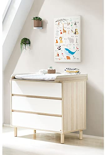 Lomadox Babyzimmer Wickelkommode in weiß mit Esche Dekor inkl. abnehmbarem Wickelaufsatz, B/H/T: 105/90-98/55-77 cm