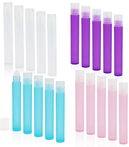 Huakaile 20pcs Colorful Essential Oil Roller Bottles with Lids, Frosted Roll on Bottles Refillable, Perfume Sample Roller Empty for Travel, Aromatherapy, Lip Gloss Balms (10ml)
